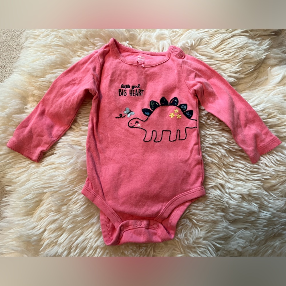Carter’s long sleeve pink onesie with dinosaur, 12M